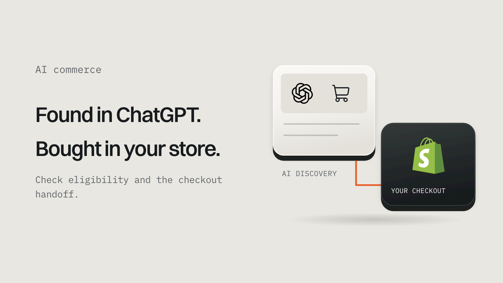 A product found in ChatGPT, handed to the store's own Shopify checkout. Illustration; the logo marks the platform discussed.